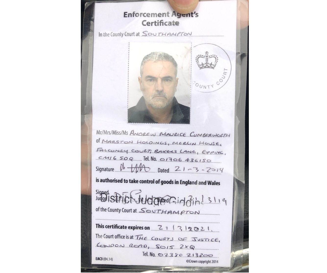 Genuine Bailiffs Enforcement Certificate